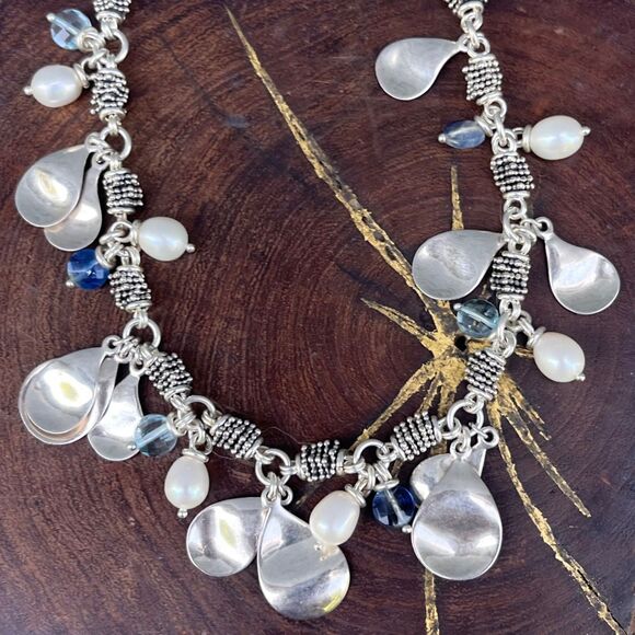 Michael Dawkins Sterling Silver Pearl Blue Bead Caviar Dangle Toggle Necklace - Picture 11 of 13